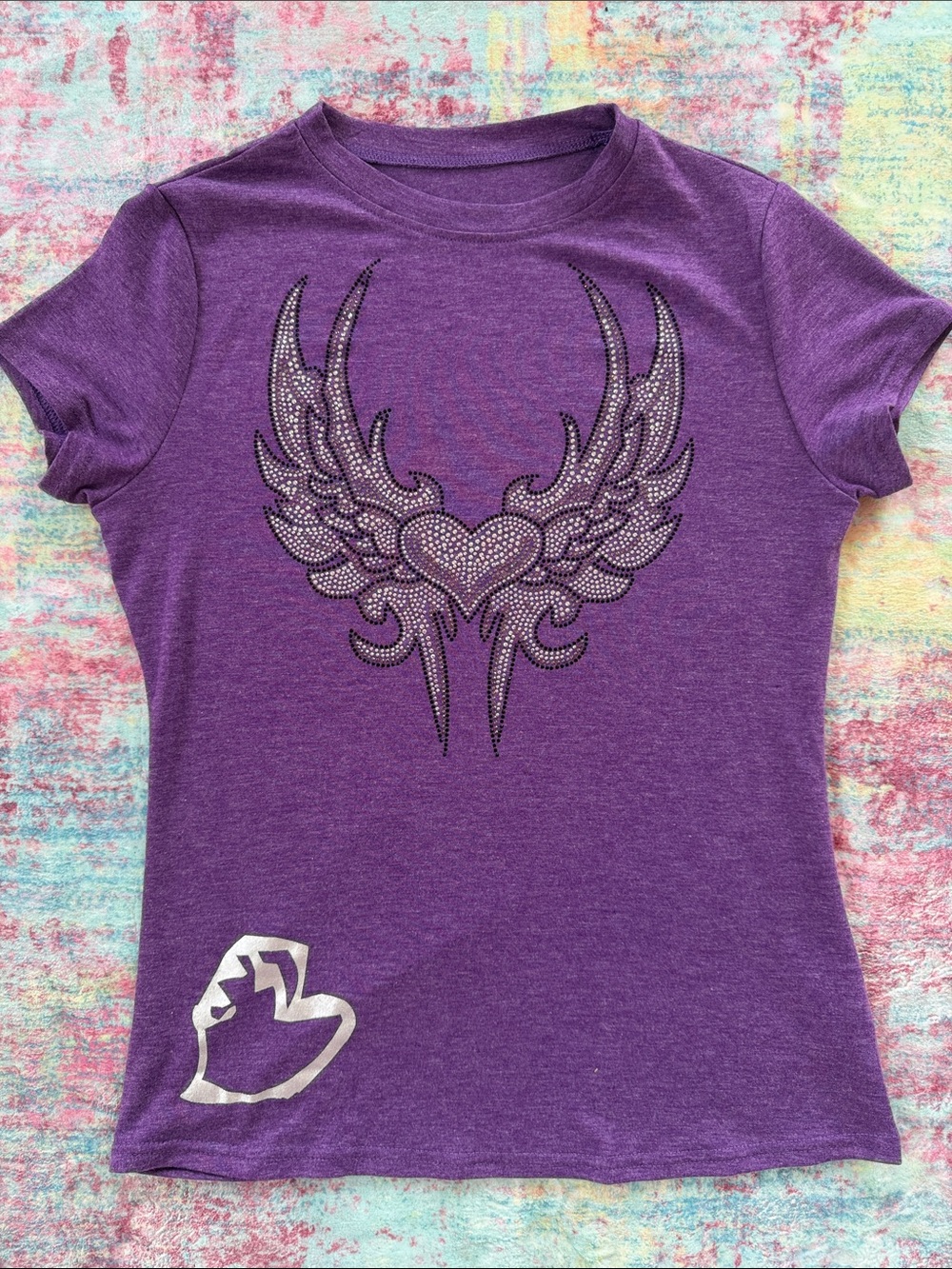 💜ROMWE Purple Short Sleeve Tee with Rhinestone Winged Heart